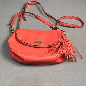 Michael Kors Bedford Coral Leather Tassel Flap Crossbody Bag Shoulder Purse